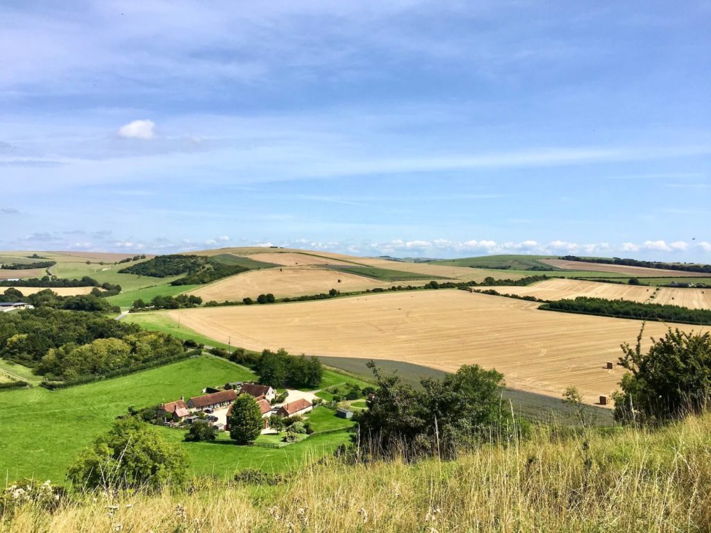 view of farmland fields and farm buildings